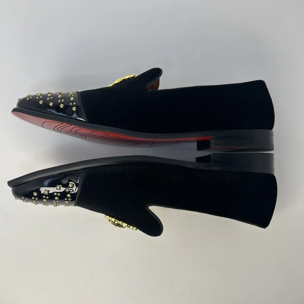 ELANROMAN Men's Velvet Loafers Black Gold Crest Studded Toe Size 13 EU 47 NWB